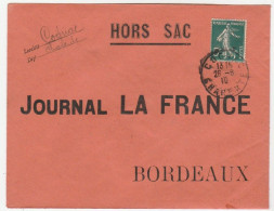 Lettre Hors Sac Avec Type Semeuse, Oblitération Cognac/Charente, Journal La France, 1910 - Covers & Documents