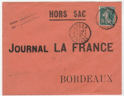 Lettre Hors Sac Avec Type Semeuse, Oblitération Créon / Gironde, Journal La France, 1910 - Covers & Documents