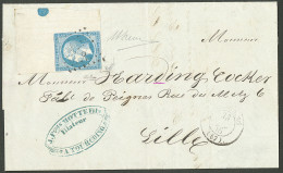No 14A, Bleu Type I, Cdf Intégral Avec Rond De Repère, Obl Pc 3388, Sur Lettre D'Oct 58 Pour Lille, Superbe. - RRRR - 1853-1860 Napoléon III.