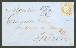 Piquage Susse. No 16 (oxydé), Obl Losange "K" Sur Lettre De Déc 62 Pour Turin. - TB - 1853-1860 Napoléon III.