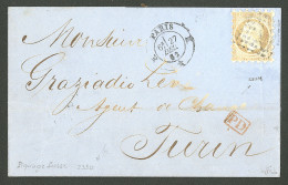 Piquage Susse. No 16 (oxydé), Obl Losange "K" Sur Lettre De Déc 62 Pour Turin. - TB - 1853-1860 Napoléon III