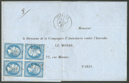 Tête-bêche. No 22b Dans Un Bloc De Quatre, Obl Gc 4201, Sur Lettre En Triple Port De Vierzon Avril 67 Pour Paris. - TB - 1862 Napoleon III