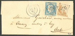 Deux émissions. No 43 Coupé En Diagonale + No 37 Obl Gc 1876, Sur Lettre De Joigny 3 Sept 71 Pour Auxon, Superbe. - RR - 1870 Bordeaux Printing