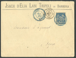 Tripoli. No 90 Obl Cad Bleu "Tripoli/Barbarie" Sept 82 Sur Enveloppe Pour Lyon, Superbe - 1876-1878 Sage (Type I)