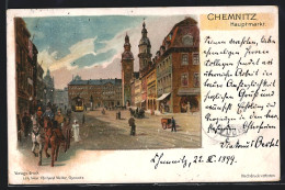Lithographie Chemnitz, Hauptmarkt Mit Strassenbahn  - Chemnitz