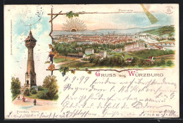 Lithographie Würzburg, Stadtpanorama, Franken Warte  - Wuerzburg
