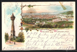 Lithographie Würzburg, Stadtpanorama, Franken Warte  - Würzburg