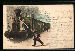 Lithographie Amoretten überreichen Dem Briefträger Einen Brief Von Der Eisenbahn Aus  - Treni