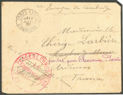 Lettre Cad "Corps Expedre/Cambodge" Août 1902 Sur Enveloppe En FM Pour La France, à Côté, Grand Cachet Rouge Du Commanda - Cambodja