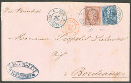 Lettre Cad Bleu "Inde/Pondichéry". CG No 18 + France No 90 Sur Lettre Pour Bordeaux, 1881. - TB. - RRR. - Autres & Non Classés