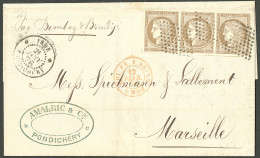 Lettre Losange Sur CG No 20 Bande De Trois. Cad "Inde/Pondichéry" Sur Lettre Pour Marseille , 1876. - TB. - R. - Autres & Non Classés