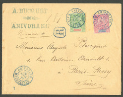 Lettre Cad Bleu "Anivorano/Madagascar" Avril 1910 Sur N°38 + 42A, Sur Enveloppe Recomm. Pour Paris. - TB - Sonstige & Ohne Zuordnung