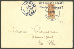 Lettre Timbre Coupé. No 89 Coupé Verticalement. Cad Bleuté "Antalaha/Madagascar" + Griffe "affranchi Ainsi/faute Figurin - Autres & Non Classés