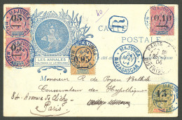 Lettre Cad Bleu "Majunga/Madagascar" Mai 1904 Sur N°48 Paire Verticale + 50 + 52 + 58, Sur CP Illustrée Recommandée Pour - Sonstige & Ohne Zuordnung