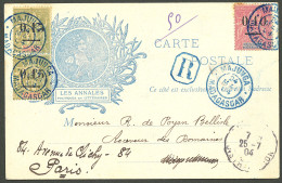Lettre Cad Bleu "Majunga/Madagascar" Mai 104 Sur N°53 + 55 Paire Verticale, Sur CP Illustrée Recommandée Pour Paris. - T - Other & Unclassified