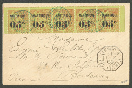 Lettre Cad Bleu "Fort De France/Martinique" Janv 89 Sur N°11 Bande De Cinq Bdf, Sur Enveloppe Pour Bordeaux Avec Cad Oct - Otros & Sin Clasificación