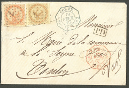 Delcampe - Lettre Losange Ancre Sur CG N°3 + 5, à Côté Cad Octog. Bleu "Col. Fr./Paq. Fr T N°3" 1867, Sur Enveloppe Avec Texte Daté - Autres & Non Classés