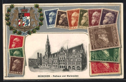 AK München, Rathaus Und Marienplatz, Briefmarken Und Wappen  - Sellos (representaciones)