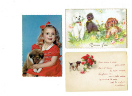 Lot 3 Cpa - Illustration Chien Fleurs - Bonne Fête - Papillon - Fillette - Dogs