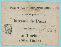 PAQUET DES CHARGEMENTS De PARIS ETRANGER 05/08/1873 Vers Turin (Office D'Italie) - 1849-1876: Classic Period