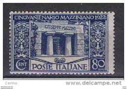 REGNO:  1922  G. MAZZINI  -  80 C. AZZURRO  T.L. -  SASS. 130 - Neufs