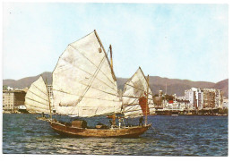 CHINESE JUNK - WITH THE BACKGROUND OF MODERN BUILDINGS BEING THE TOURIST CENTRE IN KOWLOON.- HONG KONG.- ( CHINA ) - China (Hong Kong)