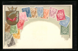 AK Briefmarken Und Wappen, Krone, Ritter Mit Schwert  - Briefmarken (Abbildungen)