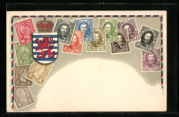 AK Briefmarken Und Wappen Des Landes Luxemburg  - Briefmarken (Abbildungen)