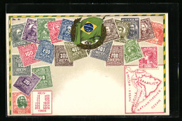 AK Briefmarken, Kranz Mit Brasilianischer Flagge  - Briefmarken (Abbildungen)