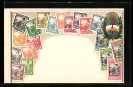 Präge-AK Argentinien, Briefmarken Und Wappen Im Lorbeerkranz  - Timbres (représentations)