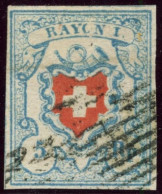 SUISSE - SBK 17II  5 RAPPEN BLEU CROIX NON ENCADREE POSITION 1 - OBLITERE - 1843-1852 Federal & Cantonal Stamps