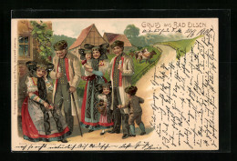 Lithographie Bad Eilsen, Strassenpartie Mit Gruppe In Tracht, Kühe  - Costumes