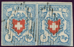 SUISSE - SBK 17II  5 RAPPEN BLEU CROIX NON ENCADREE PAIRE POSITION 5 ET 6 - OBLITEREE - 1843-1852 Federal & Cantonal Stamps