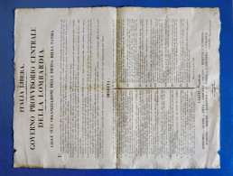 D-IT GOVERNO PROVVISORIO CENTRALE DELLA LOMBARDIA 1848 Milano Cm 63 X 49 - Historische Dokumente