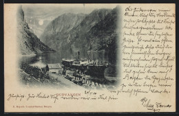 Mondschein-AK Gudvangen, Dampfer Liegt Im Fjord An Der Landestelle  - Norvège