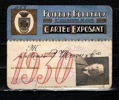 1930 BORDEAUX CARTE EXPOSANT FOIRE PLI VERTICAL ET PLI ANGLE INF DROIT - Mitgliedskarten