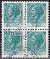 Italie YT 1004 Mi 1264 Année 1968-72 (Used °) (Filigrane étoile) Monnaie De Syracuse (Bloc De 4) (2 Scan) - 1946-60: Usati