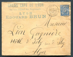 RC 27592 FRANCE 1890 SAGE SUR ENVELOPPE A ENTETE DU " GRAND CAFÉ DE LYON EDOUARD BRUN LETTRE POUR ALGER - 1877-1920: Semi-Moderne