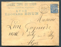 RC 27592 FRANCE 1890 SAGE SUR ENVELOPPE A ENTETE DU " GRAND CAFÉ DE LYON EDOUARD BRUN LETTRE POUR ALGER - 1877-1920: Semi-moderne Periode