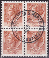 Italie YT 1005 Mi 1265 Année 1968-72 (Used °) (Filigrane étoile) Monnaie De Syracuse (Bloc De 4) (2 Scan) - 1946-60: Usados