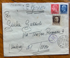 DOLCEACQUA * IMPERIA * 24/9/42 ESPRESSO TRICOLORE PER TERNI  CON CENSURA E VARI ANNULLI - Storia Postale