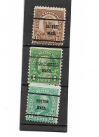 Etats-unis D'Amérique  Préoblitérés ,   3 Timbres Neufs ( Boston Mass - Detroit Mich  - Manchester Mass.  ) - Préoblitérés