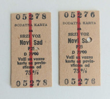 Yugoslavia -  Railway Train 2 Cardboard Ticket , Two Additional Tickets From The Passenger Train To The High-speed Train - Europe