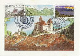 Cachet Illustré - Lac D'Annecy - Chateau Et Lac - Blason - Poisson - Portraits De Régions - Cachets Commémoratifs