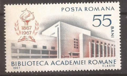 LP 656 Romania -1967- CENTENARUL BIBLIOTECII ACADEMIEI ROMANE, N2 Nestampilat - Altri & Non Classificati