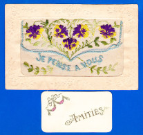 Brodee-74P88  JE PENSE A VOUS, Fleurs, Carte Brodée Pochette à Rabat, Broderie Bon état - Brodées