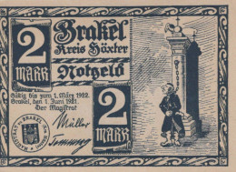 2 MARK 1922 Stadt BRAKEL Westphalia UNC DEUTSCHLAND Notgeld Banknote #PH504 - Lokale Ausgaben
