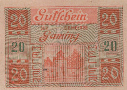 20 HELLER 1920 Stadt GAMING Niedrigeren Österreich Notgeld Papiergeld Banknote #PG558 - [11] Emisiones Locales
