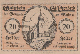 20 HELLER 1920 Stadt SANKT LEONHARD AM WALDE Niedrigeren Österreich Notgeld Papiergeld Banknote #PG939 - [11] Emissioni Locali