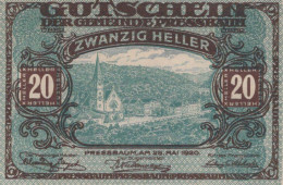 20 HELLER 1920 Stadt PRESSBAUM Niedrigeren Österreich Notgeld Banknote #PI318 - [11] Local Banknote Issues